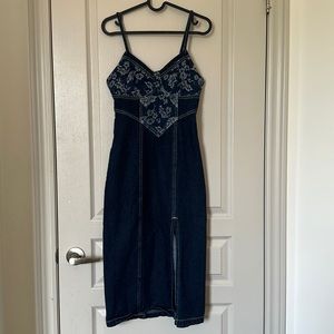 Cider Dark Blue Denim Floral Strapless Dress With Side Slits
